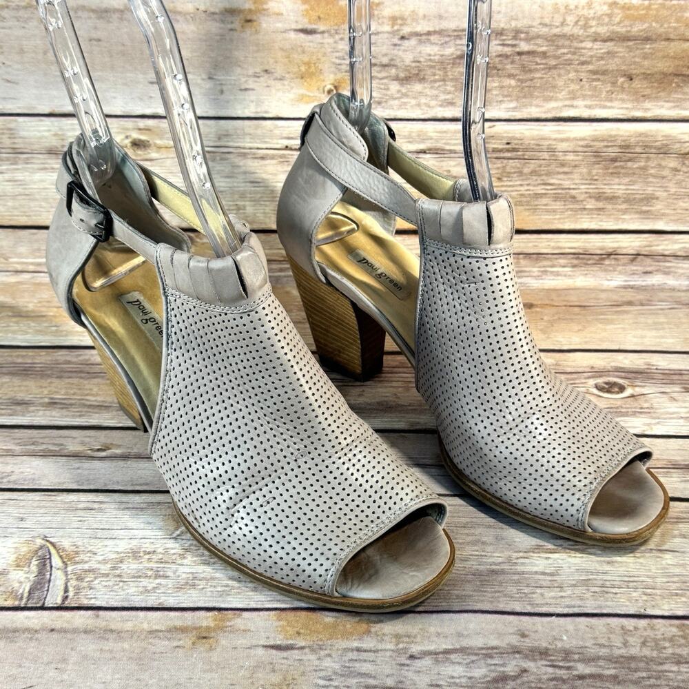 Paul Green Womens Taupe Perforated Leather Peep Toe Stacked Wooden Heel Shoes 10